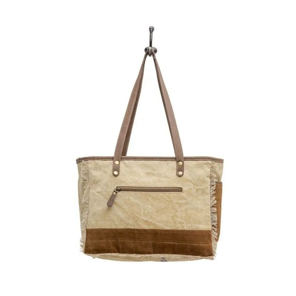 Myra Bag Handmade Spur Tote Bag Upcycled Canvas & Cowhide Leather